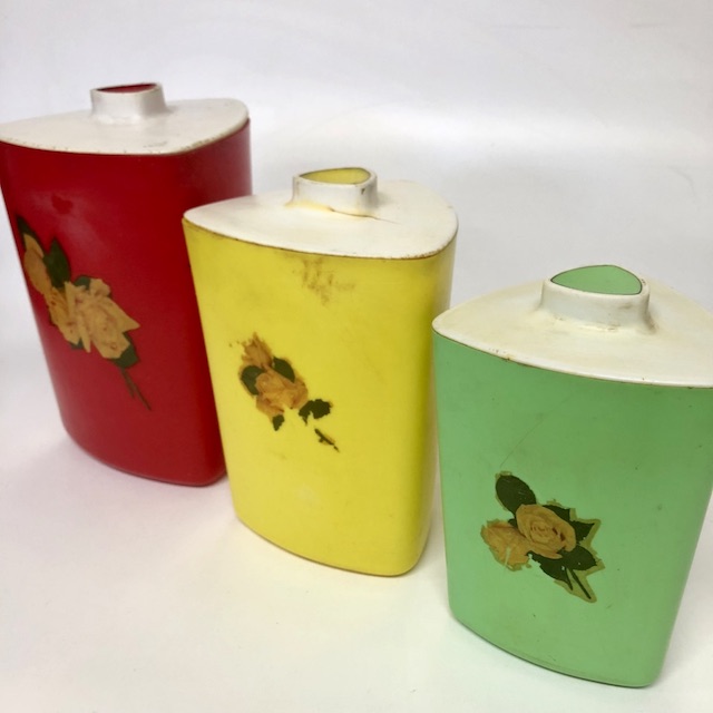 CANNISTER SET, 1950s Triangular Red Yellow Green (Set of 3)